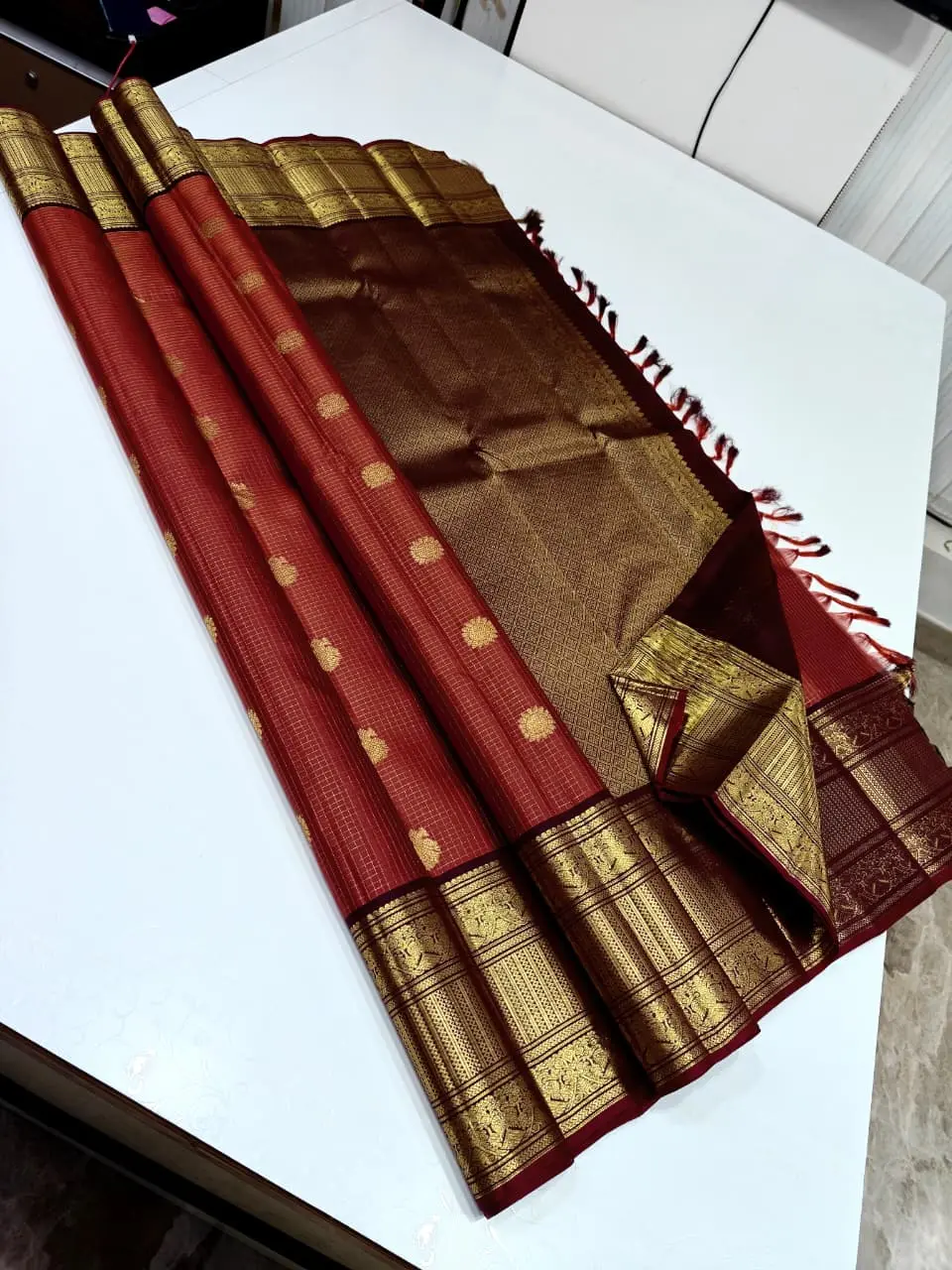 Brick Red & Antique Bronze Kanjivaram Saree